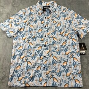 Dakine Mens Blue Shark Fin Wave Print Short Sleeve Button Up Shirt Large NWT